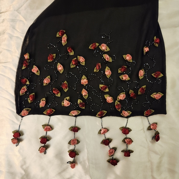 Vintage Womens Black Sheer Scarf/Shawl with Rosebuds & Fringe Accents 60" x 16" - Picture 2 of 10